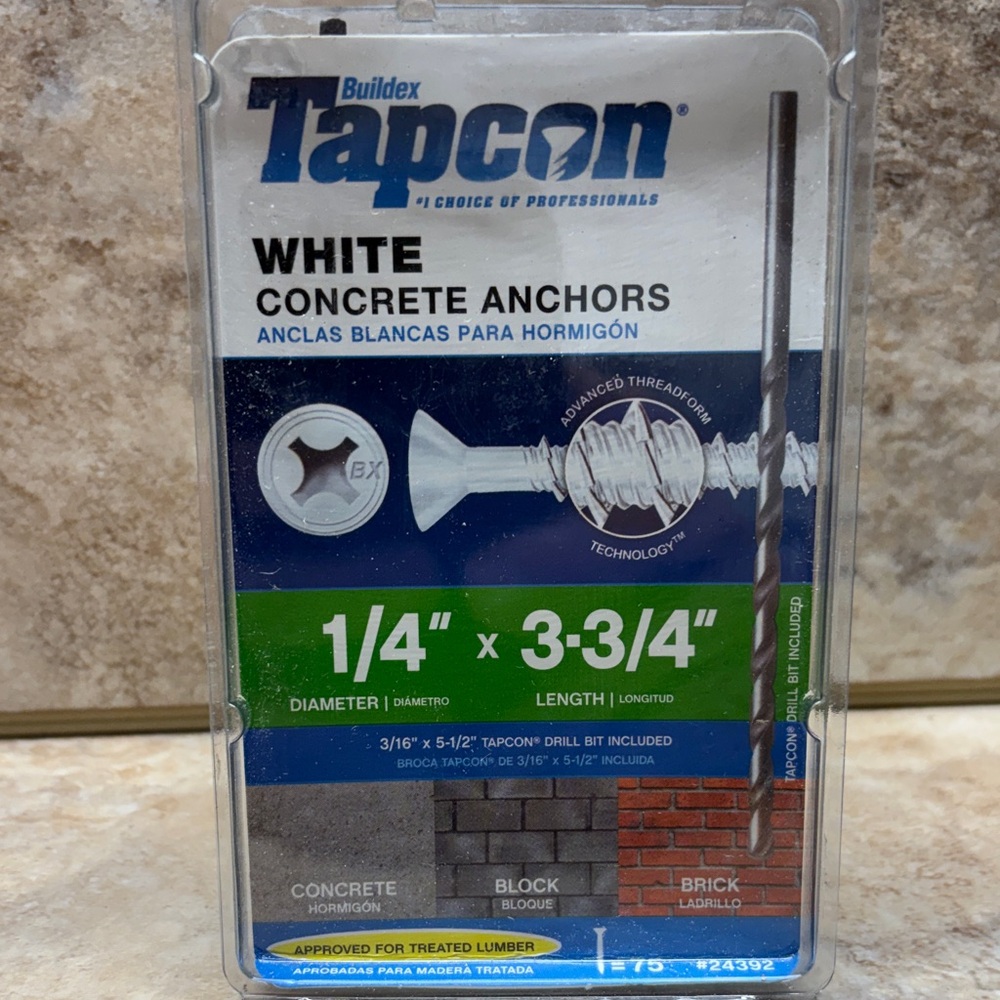 Tapcon 1/4” x 3-3:4” white concrete anchors screws, 75 piece